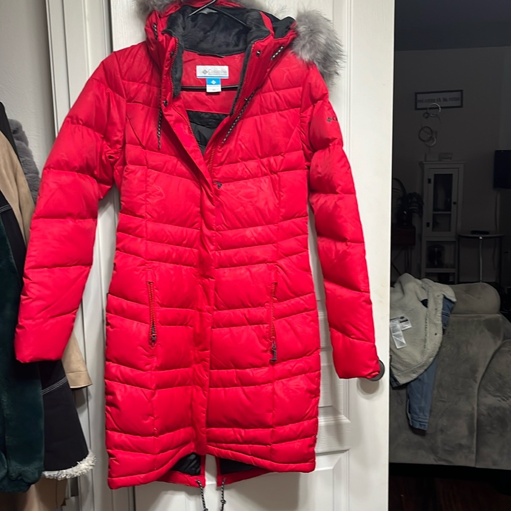 Brand new long Columbia jacket. XS bright red with removable hoodie.